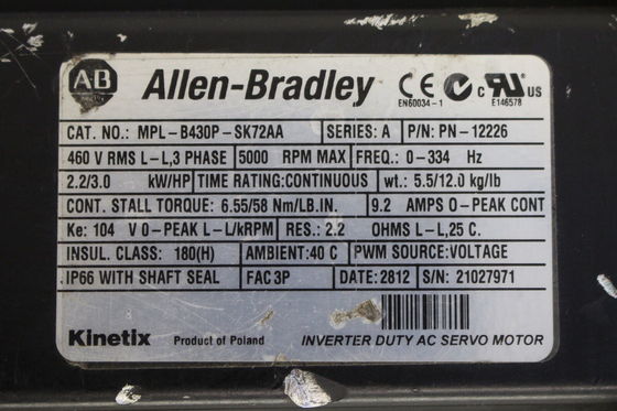 Αλεν-Μπράντλεϊ MPL-B430P-SK72AA MPL σειρά MPL 480V AC περιστροφικός κινητήρας